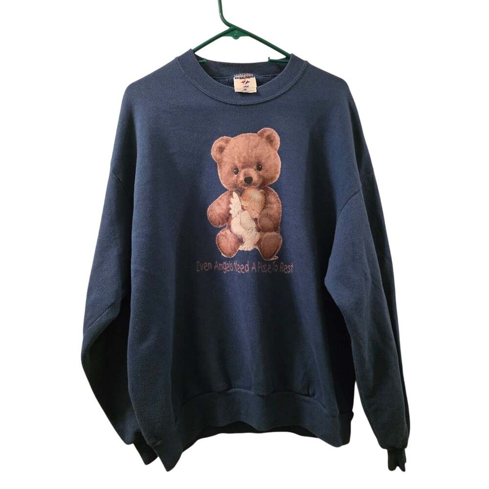 Vtg 2000 Teddy Bear Angel Crewneck Sweatshirt Even Angels Need A Place To Rest